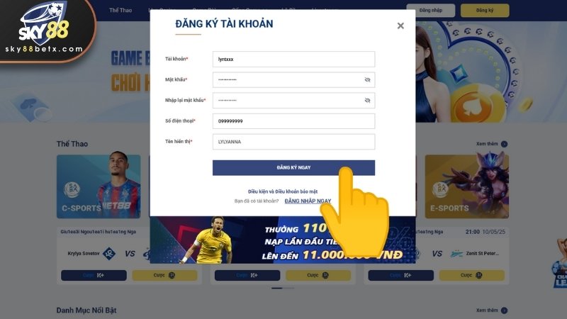 Ấn vào phần xác nhận để kết thúc quy trình đăng ký Sky88