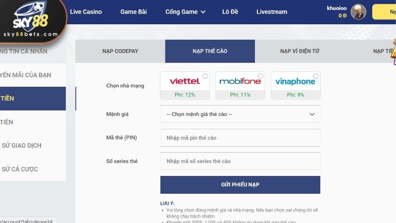 Cách nạp tiền SKY88 với 4 hình thức thông dụng nhất
