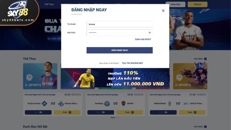 Điền tên đăng nhập Sky88 cùng mật khẩu đã tạo từ trước